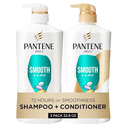 (Prime Deal) Pantene Shampoo & Conditioner Set, Smooth and Sleek - Frizz Control with Antioxidants 52.8 Oz Total + Miracle Rescue Shot (0.5 Oz)