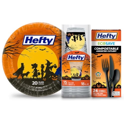 Hefty Halloween Collection Hosting Essential Set 15 Cups, 20 Plates, 24-Piece Cutlery