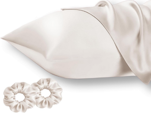 Vielit Queen Satin Pillowcases 2-Piece Set with 2 Silk Scrunchies, Beige Deal