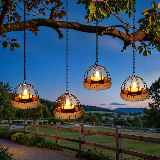 KOOPER 4-Count Hanging Solar Tea Light Lanterns w/ Flickering Amber Light