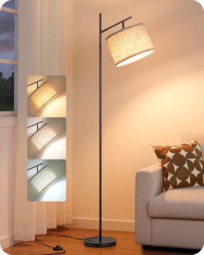 EDISHINE Modern Arc Floor Lamp w/ 3-Color Temperature LED Bulb & Adjustable Linen Shade (Black) Deal
