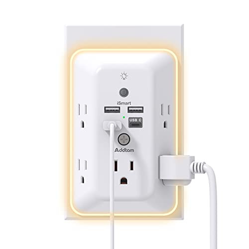 Addtam 5-Outlet Surge Protector Multi Plug Outlet Extender w/ Night Light & 4 USB Ports