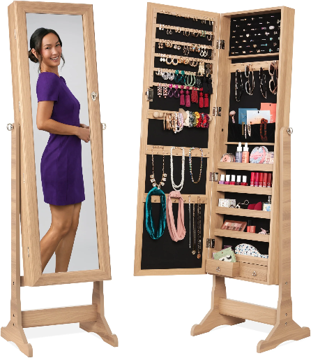 Full Length Freestanding Jewelry Mirror Armoire with Velvet Interior in Natural Oak