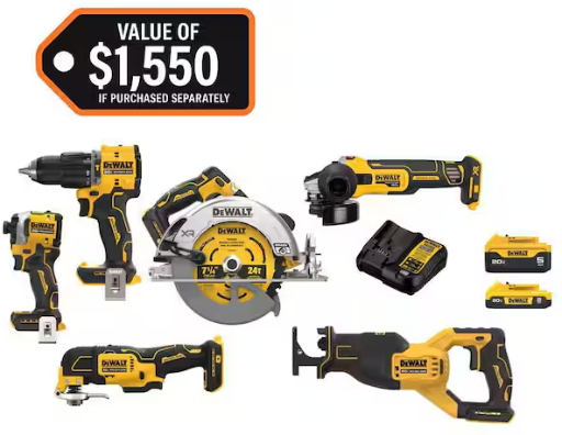 DEWALT 20V 6-Tool Combo Kit with 5.0 Ah and 2.0 Ah Batteries