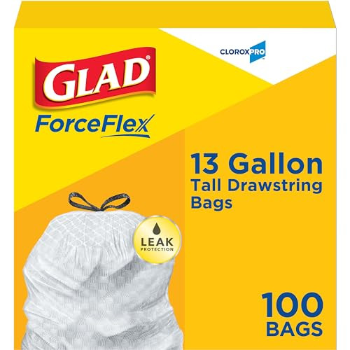 Glad ForceFlex 13 Gallon Tall Kitchen Drawstring Trash Bags, 100 Count