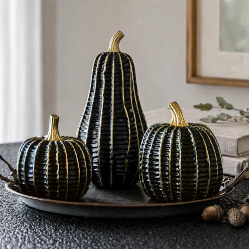 Parsin 3 Pcs Black & Gold Resin Pumpkins Deal