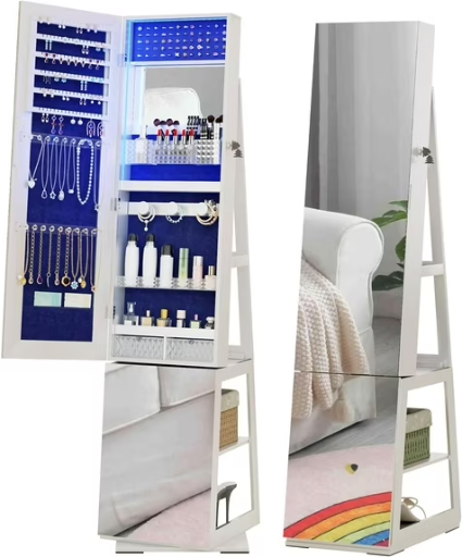 AENKYO 360° Rotating Full-Length Mirror Jewelry Cabinet Armoire with LED Lights, Lockable Standing Organizer, White