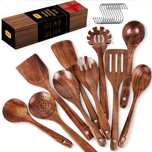 10-Piece Natural Teak Wooden Kitchen Utensil Set