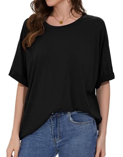 Rosemia Women's Oversized Short Sleeve Crew Neck T-Shirt (White/Black) Deal