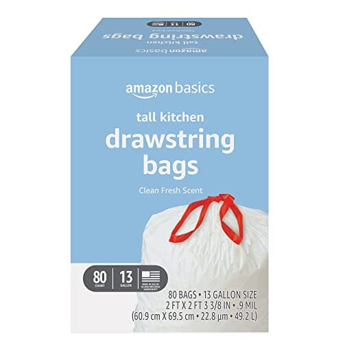 Amazon Basics Tall Kitchen Drawstring Trash Bags, Clean Fresh Scent, 13 Gallon