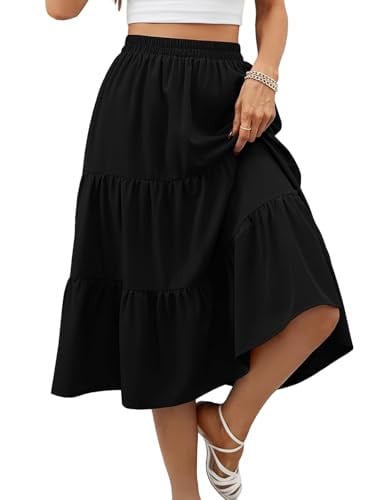 Lyrur Elastic Waist Aline Tiered Ruffle Casual Beach Summer Midi Black Skirt with Pockets Deal