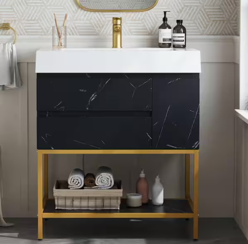 DELUXE DL LIVING Homey 30 in. Single Sink Bath Vanity in Black Marble with White Engineered Solid Surface Top and 2 Drawers