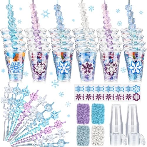 124 Pcs Snowflake Party Plastic Cups Bulk with Lids Straws Deal