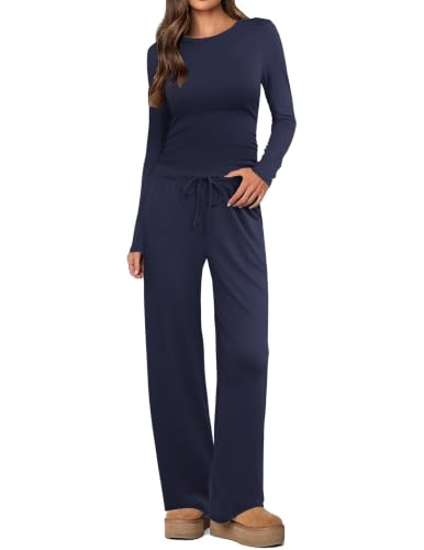 Ekouaer Women's 2 Piece Lounge Set with Ruched Top and Wide Leg Pants with Pockets Deal