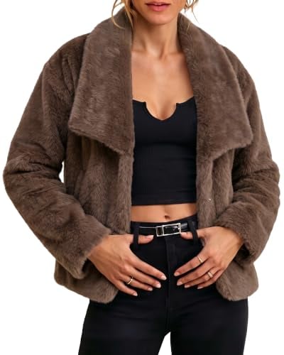 luvamia Women's Drop Shoulder Faux Fur Jacket with Wide Lapel Collar and Side Pocket (Brown, Light Gray, S-XL)