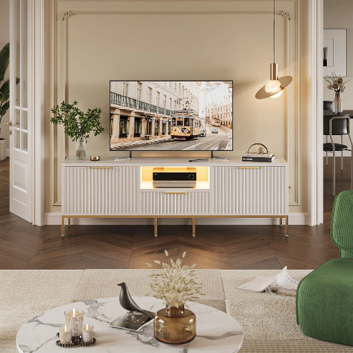 Mercer41 Brilyn Fluted Media Console TV Stand w/ RGB Light (White) 70" Deal