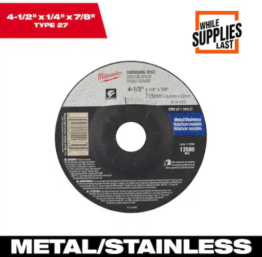 Milwaukee 4-1/2 inch x 1/4 inch x 7/8 inch Grinding Wheel (Type 27) Deal