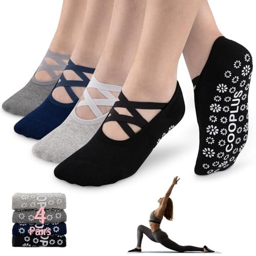 Cooplus Women's Non-Slip Grips Ballet Style Pilates Socks 4-Pair