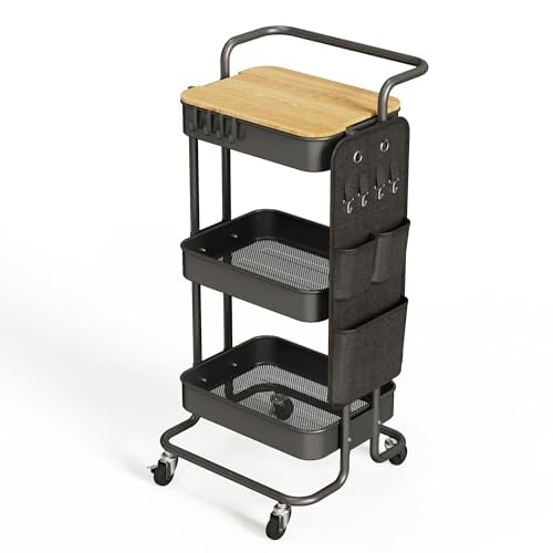 3-Tier DTK Metal Rolling Utility Cart w/ Removable Tabletop & Side Storage Bag Deal