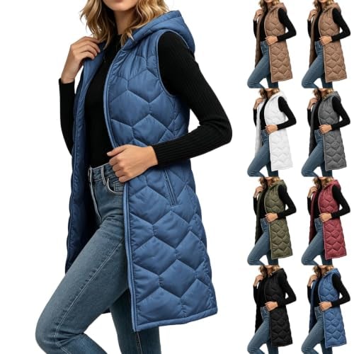 Long Quilted Hooded Zip Up Lightweight Puffer Vest Deal