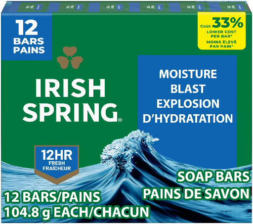 Irish Spring Moisture Blast Deodorant Bar Soap for Men 3.7 oz (12 Pack)