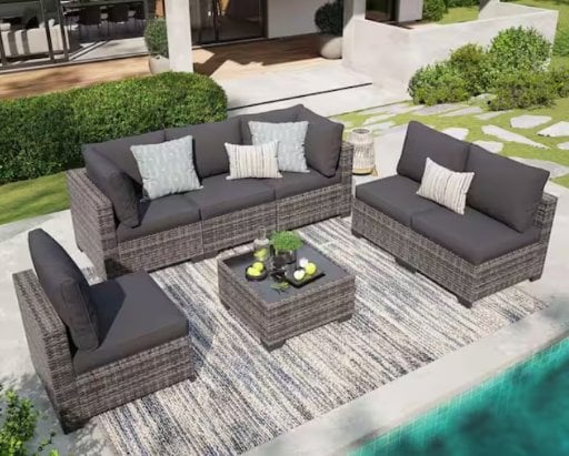 GUKOO Gray Wicker 7-Piece Metal Frame Sofa Seating Group with Gray Cushion