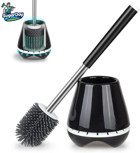 SUGARDAY Toilet Brush and Caddy Holder with Silicone Bristle