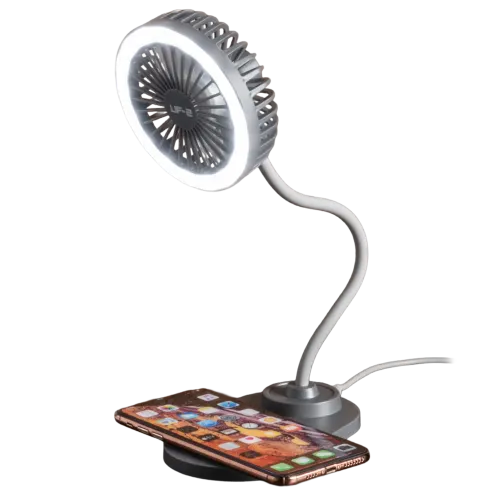 Veho UF2 3-in-1 Desktop Station with Wireless Charger, Fan & LED Light Deal