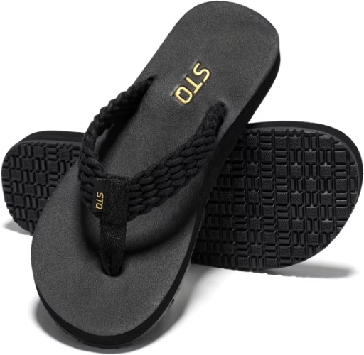 STQ Women's Flips Flops with Yoga Mat Quick-Dry Thong Sandals All Black Deal