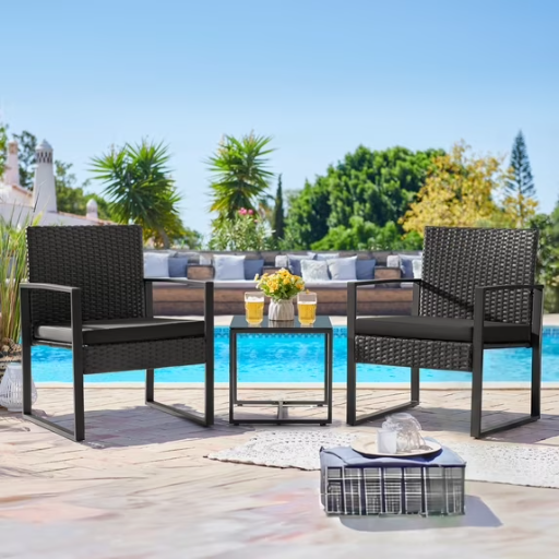 Lacoo 3 Pieces Outdoor Bistro Chair Set PE Rattan Patio Conversation Set of 2 with Cushion and Coffee Table Deal