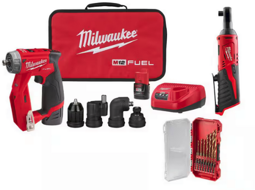 Milwaukee M12 FUEL 12V 4-in-1 Installation 3/8 in. Drill Driver Kit with M12 3/8 in. Ratchet and 15-Pc Titanium Set
