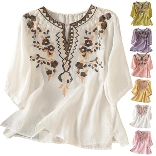 Boho Tops for Women Linen Floral Short Sleeve Shirts