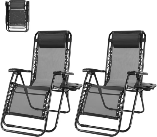Gianna Zero Gravity Folding Lounge Chairs w/ Cup Holder Trays & Adjustable Pillow (Black) 2-Pack Deal