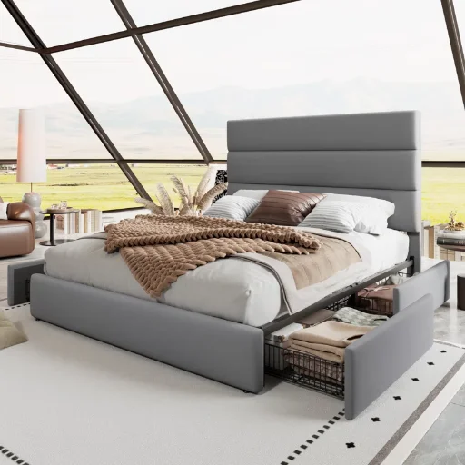 Platform Storage Bed With Wooden Slats And Velvet Upholstered Headboard