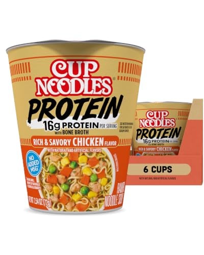 Nissin Cup Noodles w 16G Protein Ramen, Chicken, Beef or Spicy Chix Flavor with Bone Broth, 2.54 Ounce Cup (Pack of 6)