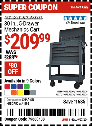 U.S. GENERAL 30 in. 5-Drawer Mechanics Cart