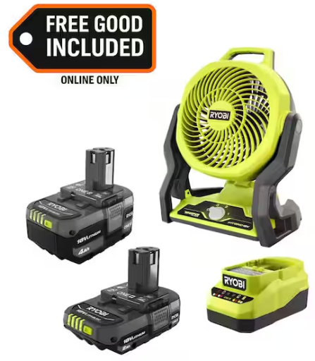 RYOBI ONE+ 18V 4.0Ah + 2.0Ah Batteries & Charger Kit w/ ONE+ Hybrid Whisper Series 7.5" Fan