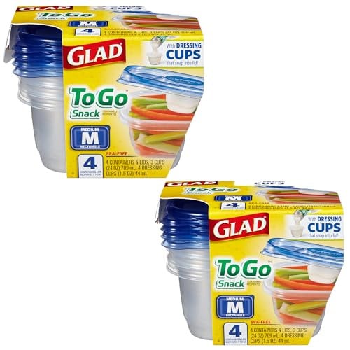 GladWare To Go Snack Food Storage Containers with Lids, Medium Rectangle BPA Free Plastic, 24 Oz, 4 Count (2 Pack)