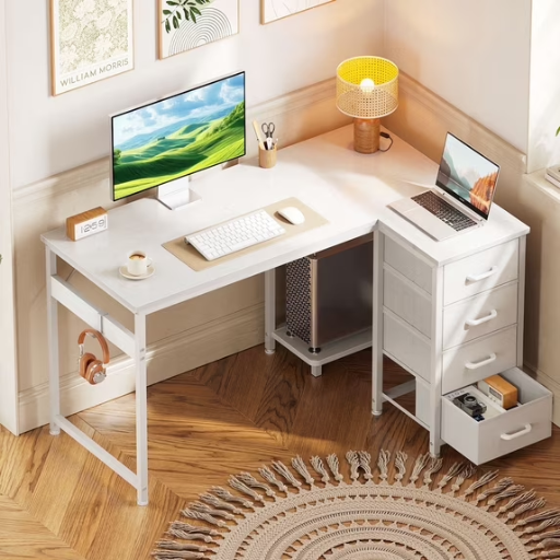 48" Computer Desk w/ 4 Fabric Drawers & Side Hook (White)