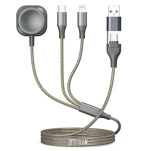 ShSiXin 2' 6-in-1 Fast Charging Cable w/ Type-C/Lightning/Apple Watch Charge & USB A/C Port (GreyGold)