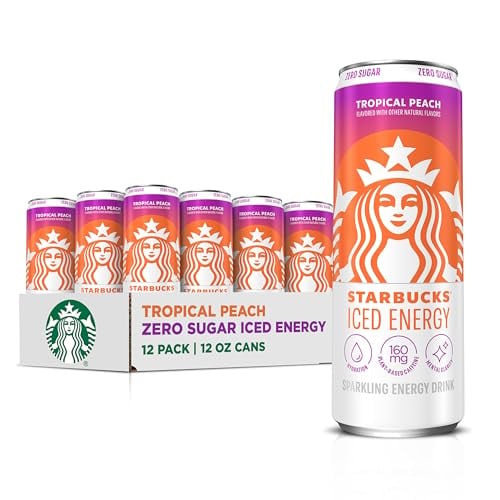 Starbucks Iced Energy Drink, Tropical Peach, Zero Sugar, Plant Based Caffeine, 12 Fl Oz Cans (12-Pack)