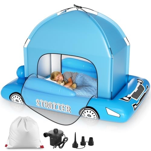 Whiffee Inflatable Toddler Travel Bed with Tent Blue Car 0.4mm