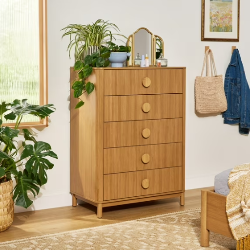 48" Fluted 5-Drawer Dresser (Warm Honey Finish)