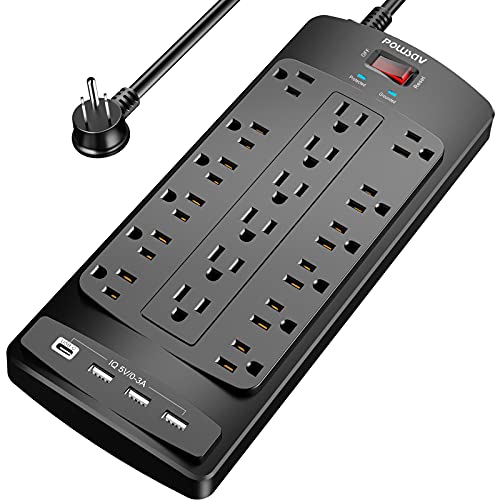 Powsav 18-Outlet 6' Flat Plug Surge Protector w/ 4 USB Ports Deal