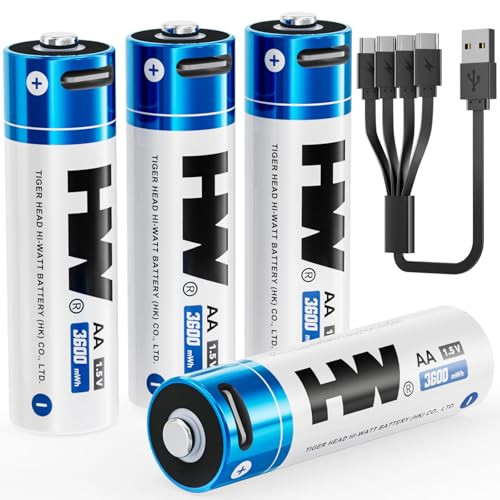HW AA USB-C Rechargeable 1.5V 3600mWh Lithium Batteries 4-Pack