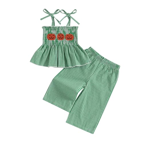 Kuriozud 4th of July Outfit Toddler Baby Girl Independence Day USA Clothes Summer Smocked Tank Top Wide Leg Pants Set Deal