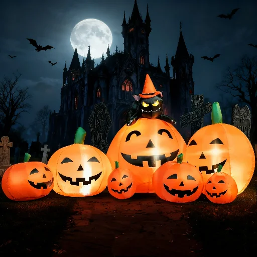Joyfy 7 ft Halloween Inflatable Long Pumpkin with Witch's Cat Decorations