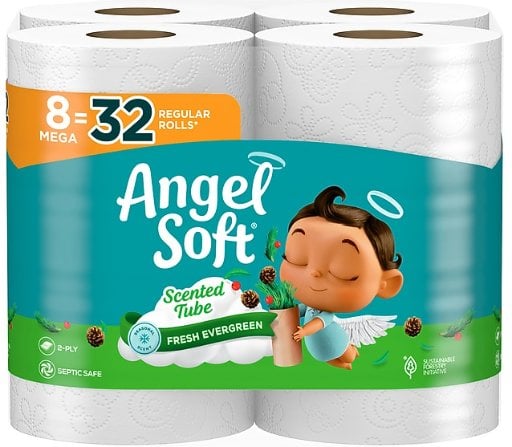 Angel Soft Mega Toilet Paper, Fresh Evergreen Scent, 2-ply, 8=32 Rolls/Pack Deal