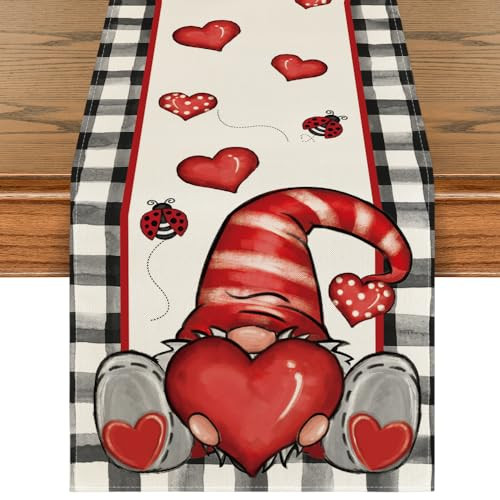 Artoid Mode Buffalo Plaid Gnome Valentine’s Day Table Runner