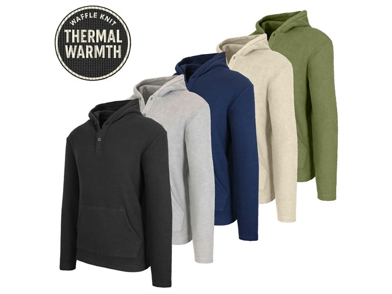 3-Pack Men’s Waffle-Knit Thermal Henley Pullover Hoodie Deal